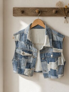 Patchwork Light Blue Denim Vest